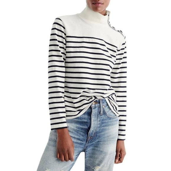J. Crew Sweaters J Crew White Striped Button Shoulder Turtleneck